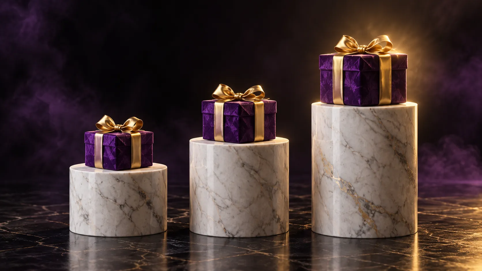 Gold plinths rising in steps, an illustration of the welcome package stages