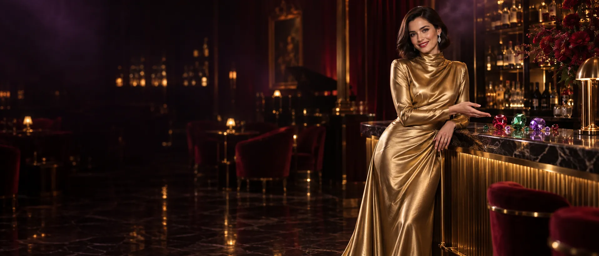 Woman in a gold gown gesturing to a cascade of gems on a members club bar