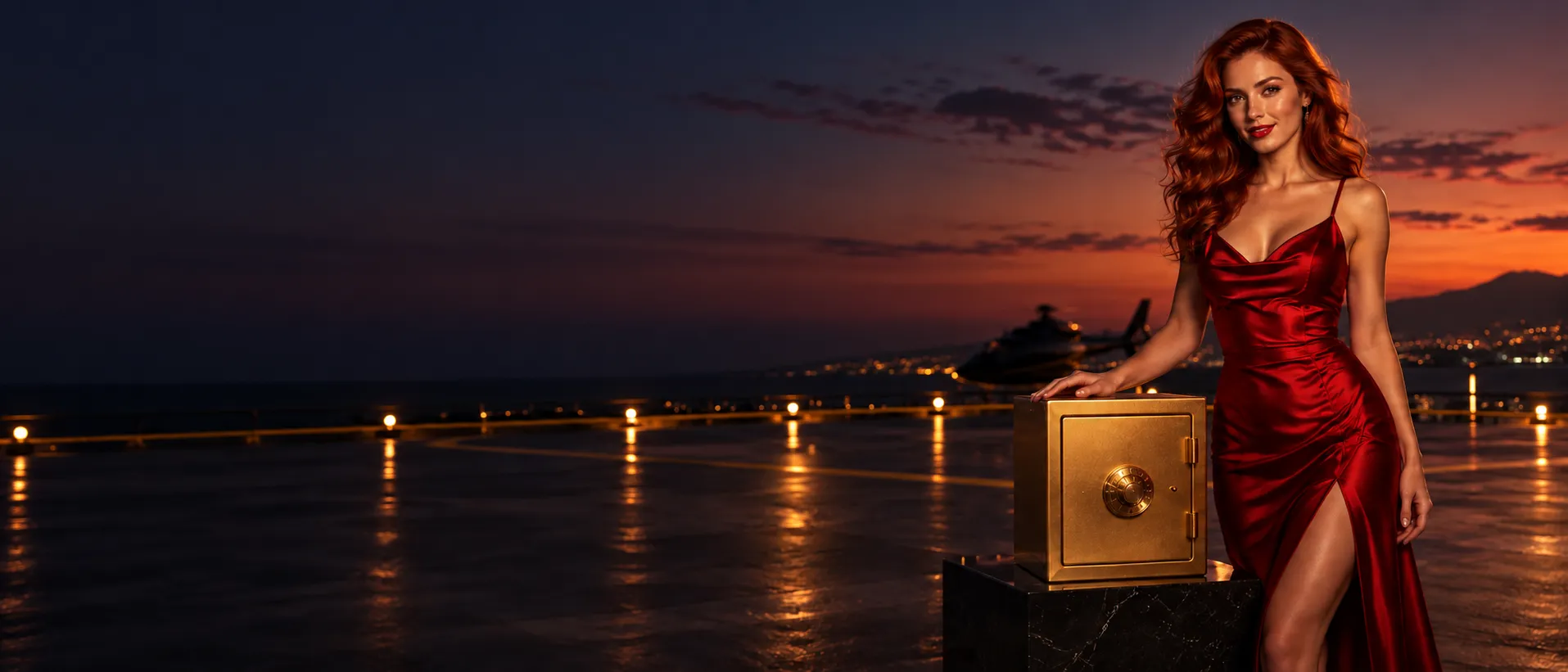 Woman in red beside a small gold safe on a helipad at dusk