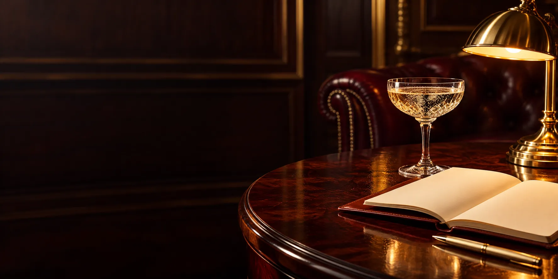 Champagne coupe beside a leather notebook and gold pen in a cigar lounge