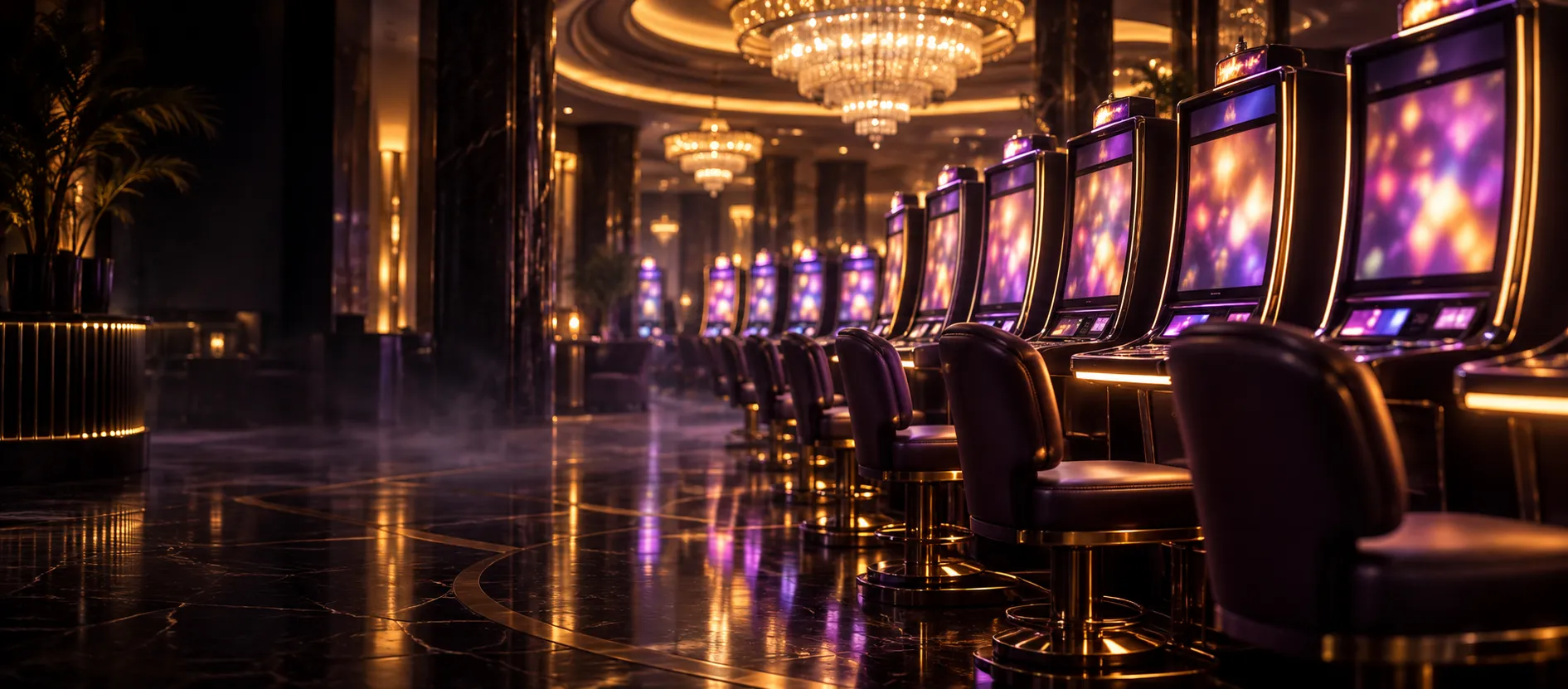 Rows of pokie cabinets glowing on a casino floor