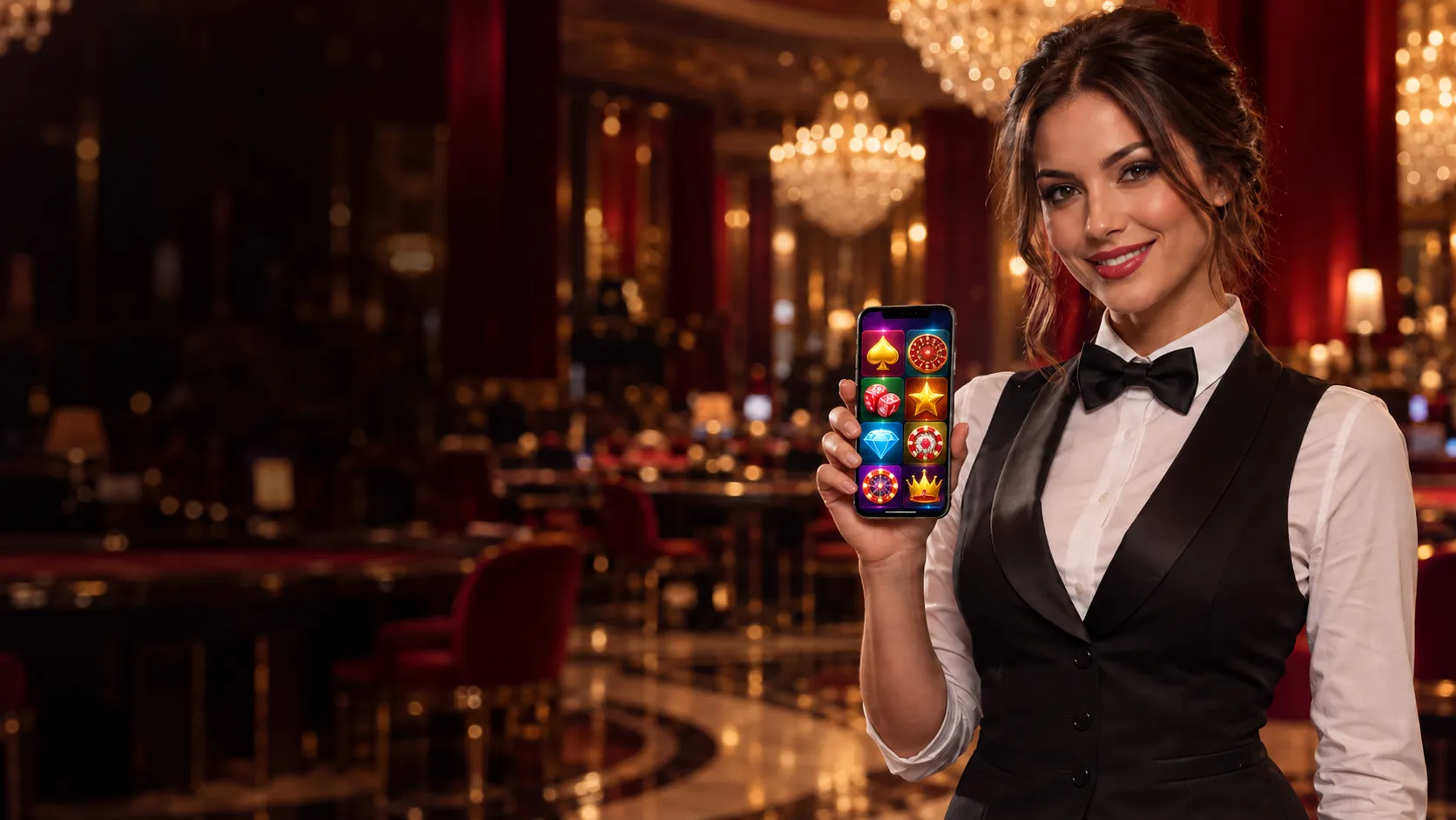 Croupier holding a phone showing a casino lobby in a crystal atrium