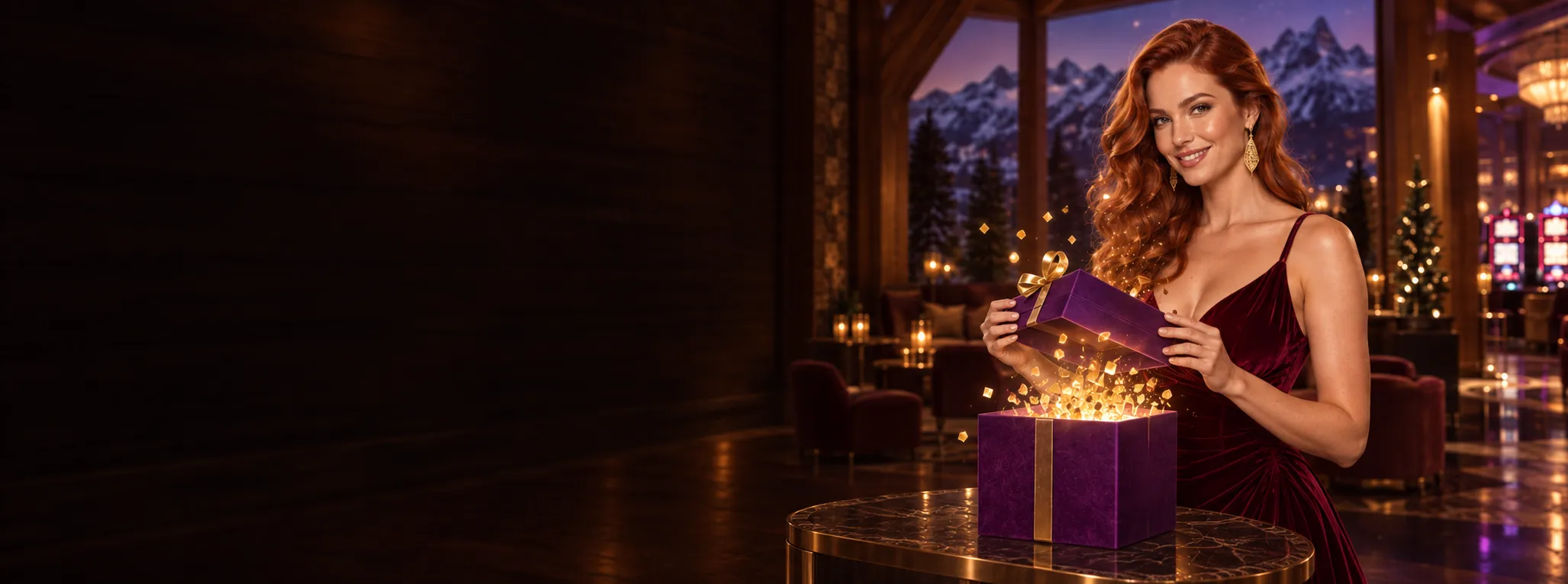Woman in a burgundy gown opening a violet gift box with gold confetti in an alpine casino lodge