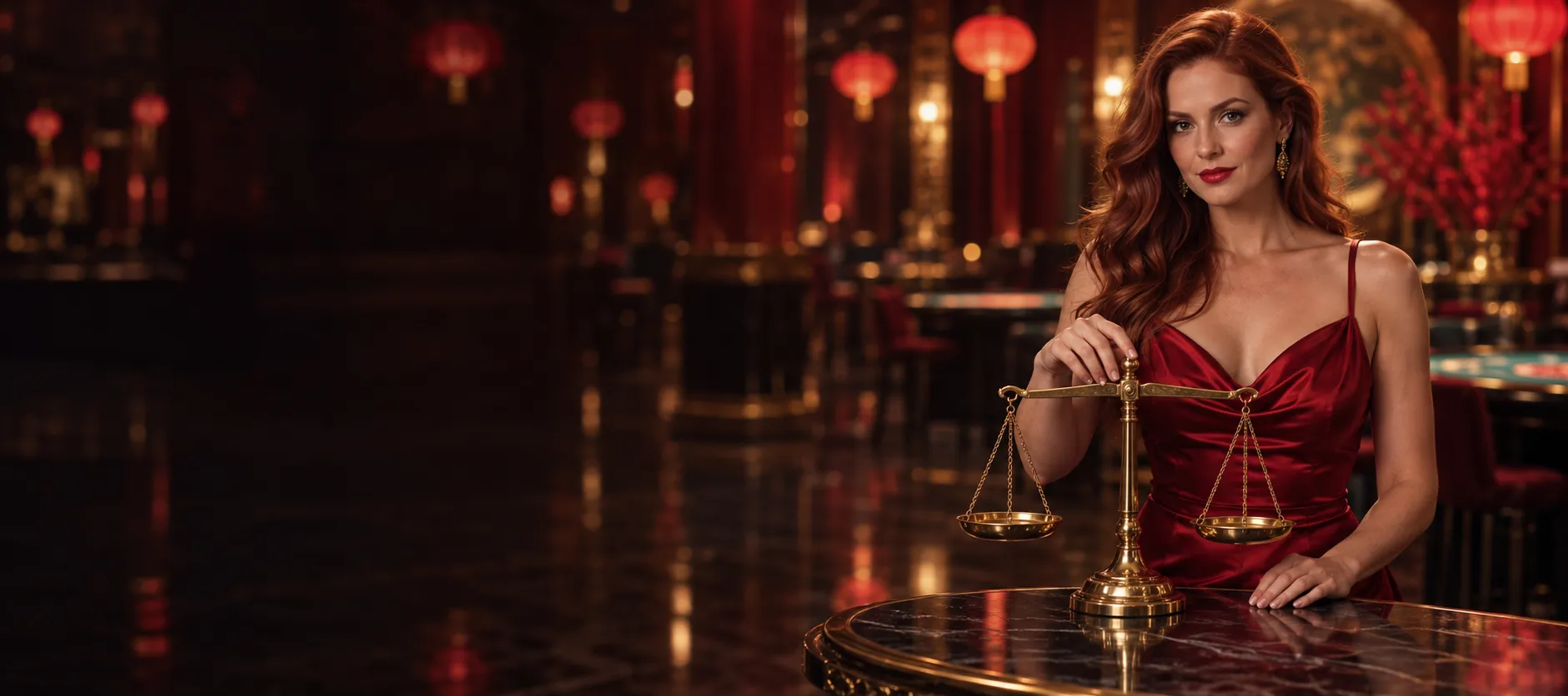 Woman in red beside brass scales in a hall of red lanterns
