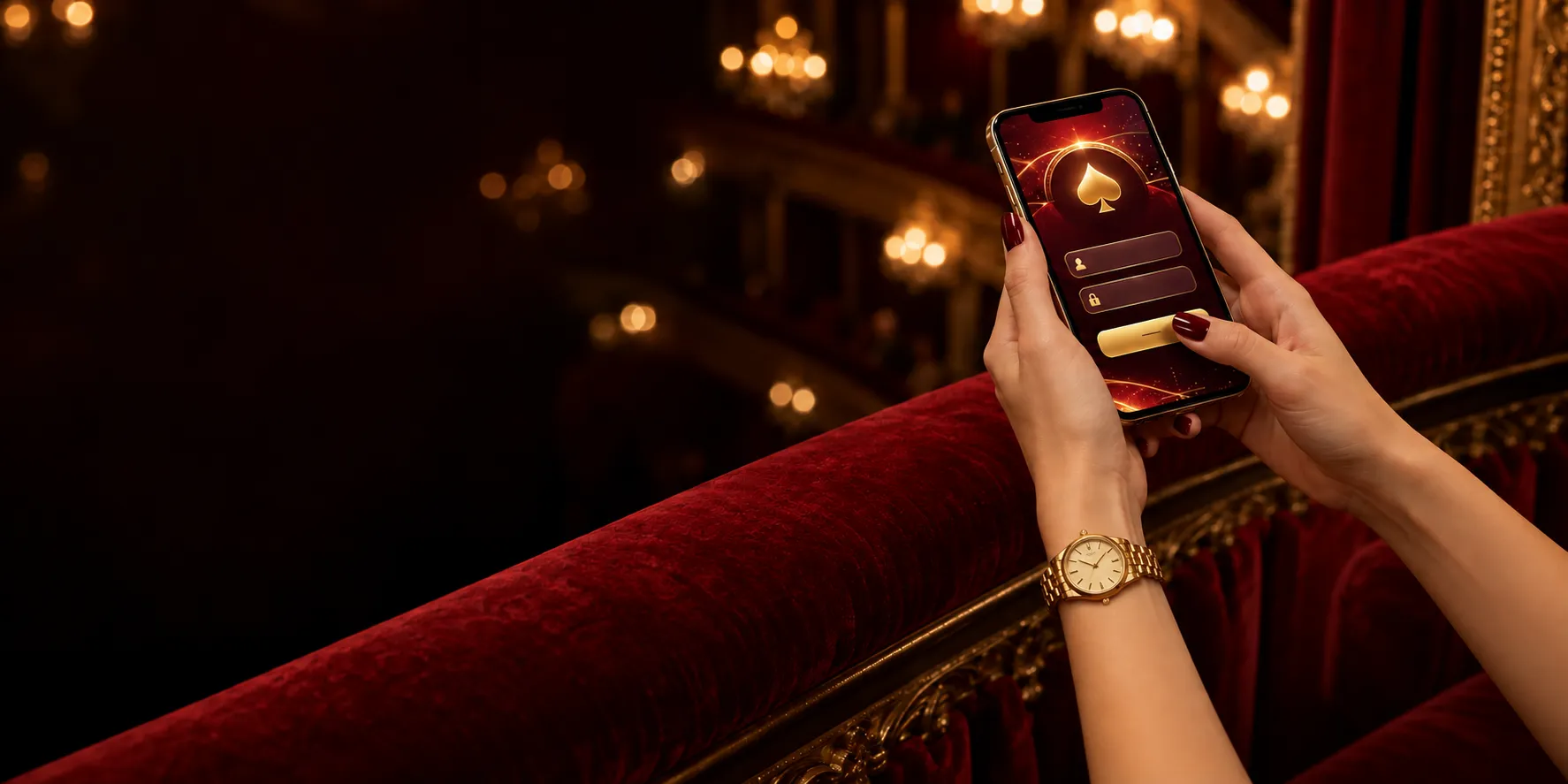 Hands holding a smartphone showing a casino sign-in screen in an opera box