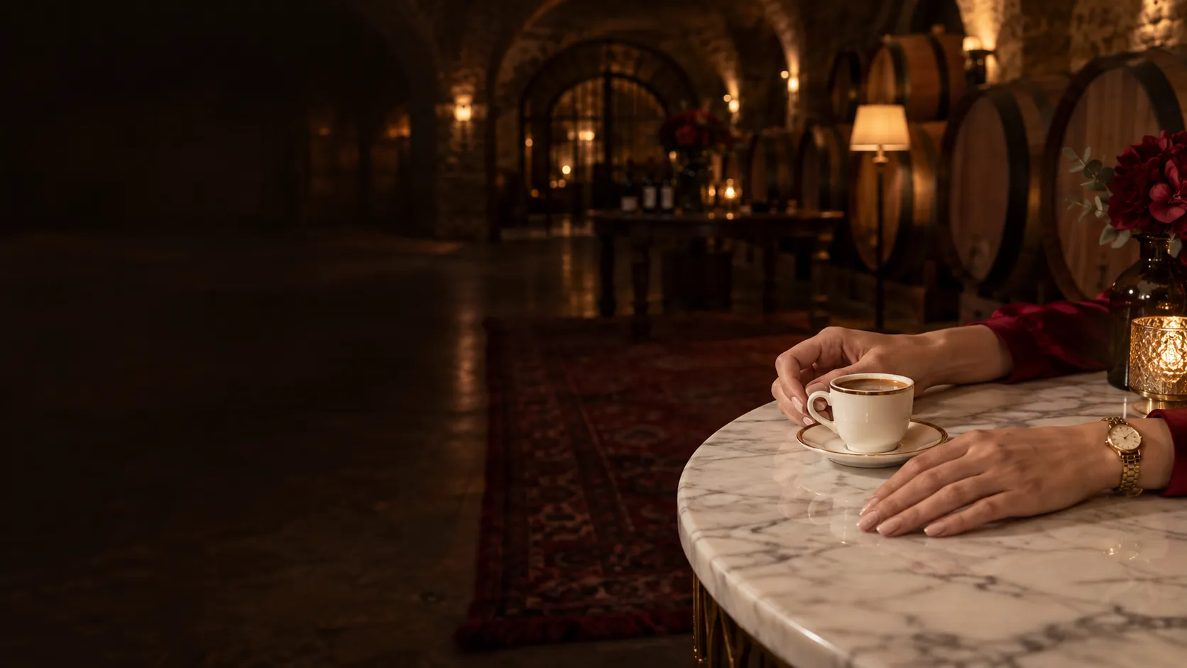 Hands resting beside an espresso cup on marble in a wine cellar