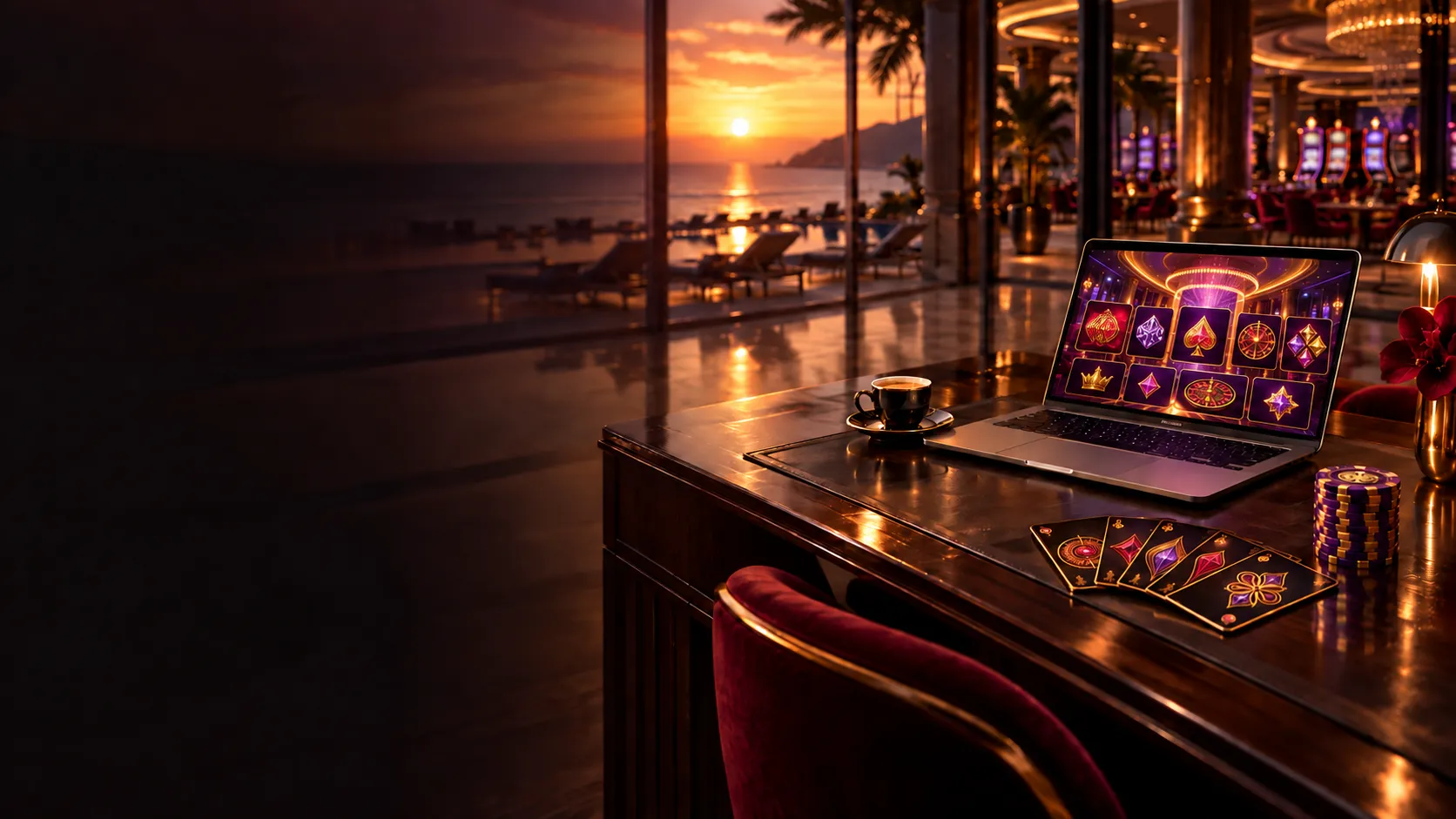 Writer's desk with an open laptop, cards and poker chips on a beach club terrace at sunset