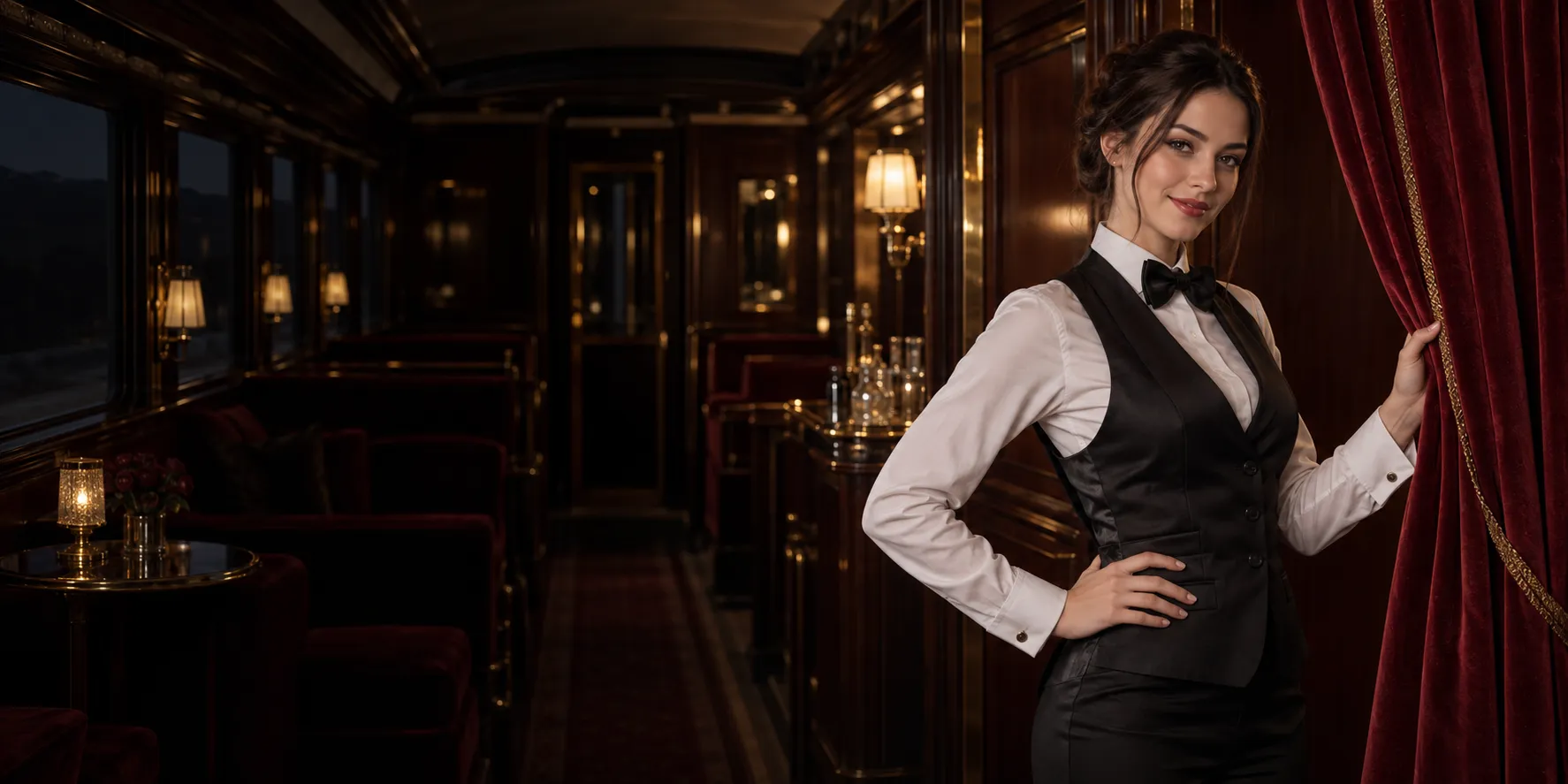 Croupier beside a velvet booth curtain in a luxury train lounge car