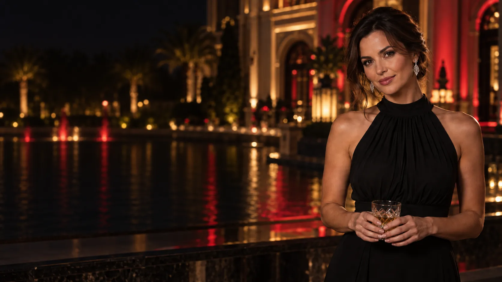 Woman in a black gown holding a crystal glass by a lit plaza fountain