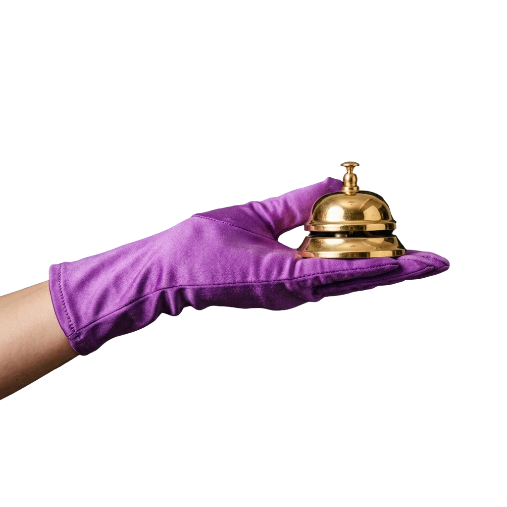 Gloved hand holding a gold service bell