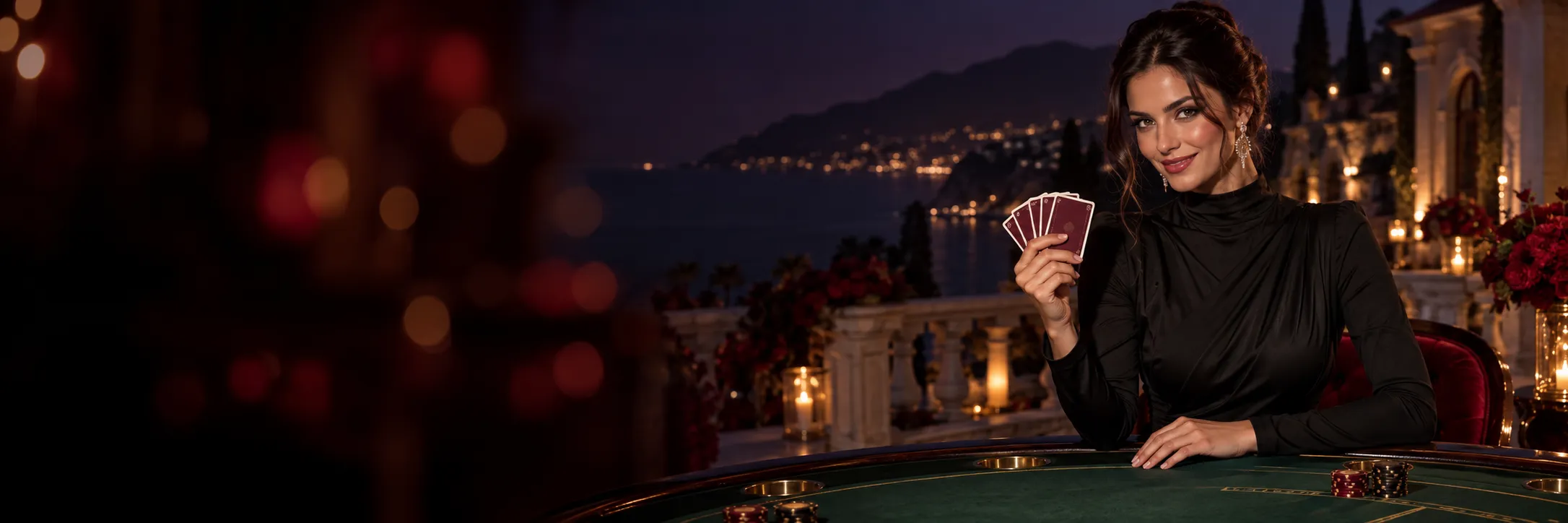 Woman in a black gown fanning a winning blackjack hand on a villa terrace
